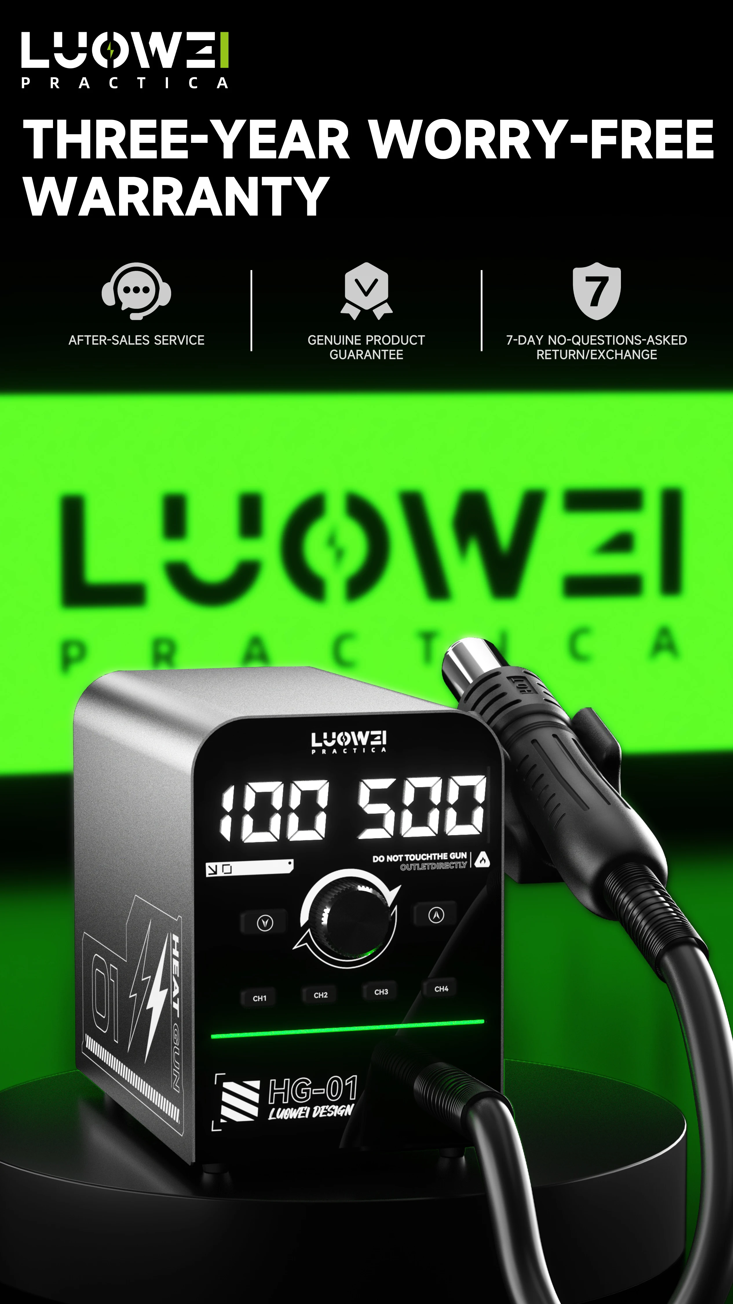 LUOWEI HG-01 지능형 디지털 디스플레이 윈드건, 온도 메모리 제어, 지능형 PID 알고리즘 제어, 4 그룹, 800W