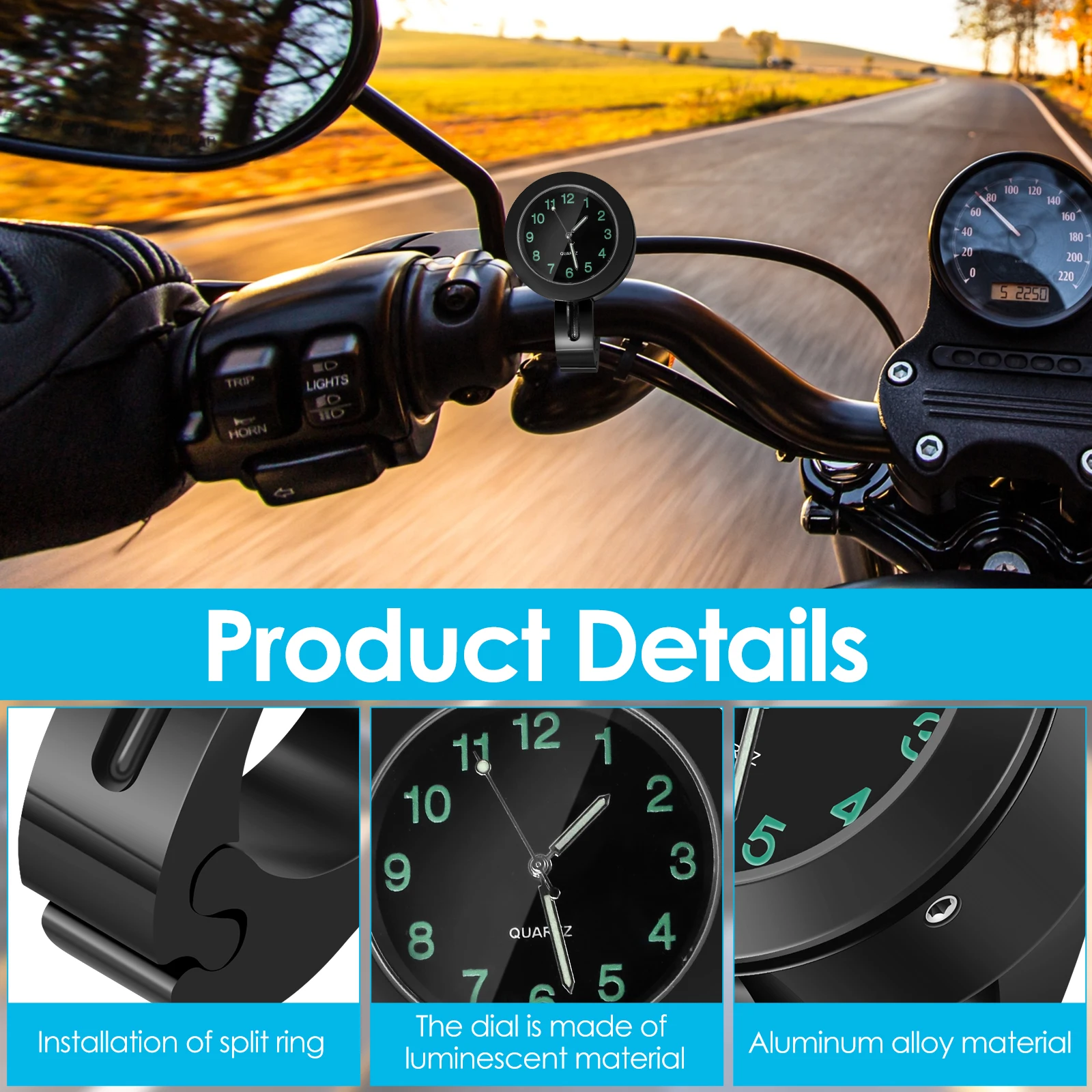 7/8" Universal Motorcycle Clock Waterproof Luminous Motorcycle Bike Handlebar Mount Quartz Clock Watch Chrome Moto Accessories
