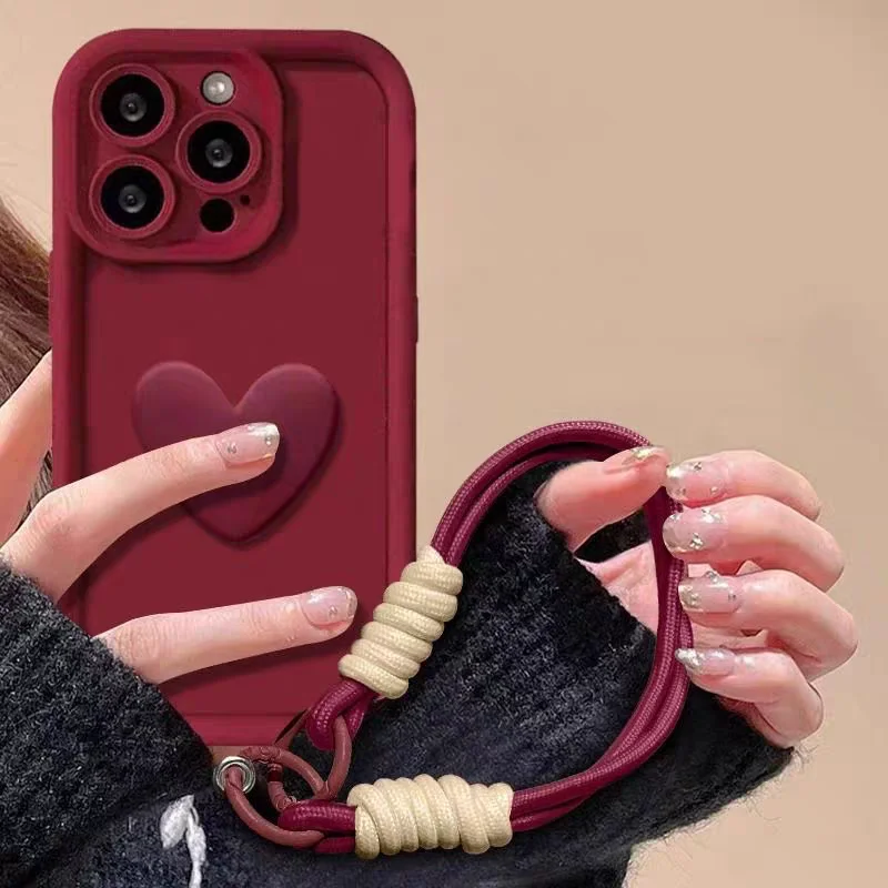 Lanyard Enhanced Love Heart Shockproof Bumper Matte Phone Case