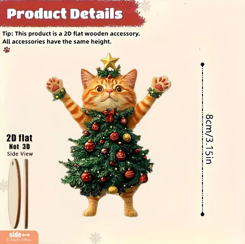 6PCS 2D Flat Wooden Christmas Cat Ornaments Cute Christmas Tree Cat Pendant Festival Supplies 2026 New Year Xmas Decor Gift
