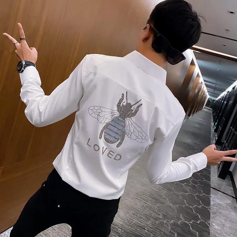 

Men shirt long sleeve spring and autumn tide brand personalized hot diamond printed jacket Korean slim handsome Joker shirts