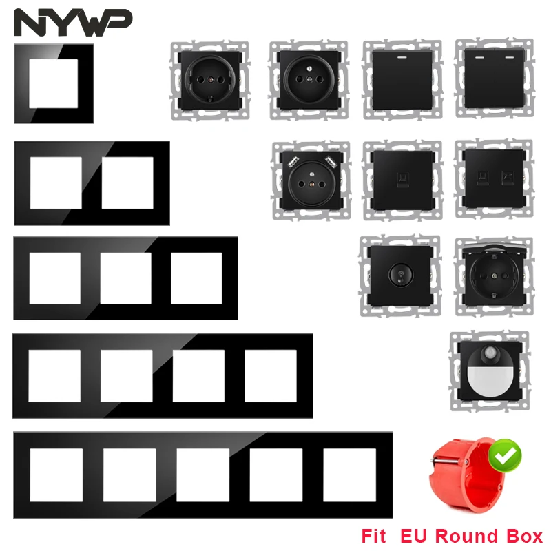Настенный модуль NYWP для самостоятельной сборки, европейский стандарт, черная панель из закаленного стекла, розетка, светодиодный кнопка переключения, функция Комби
