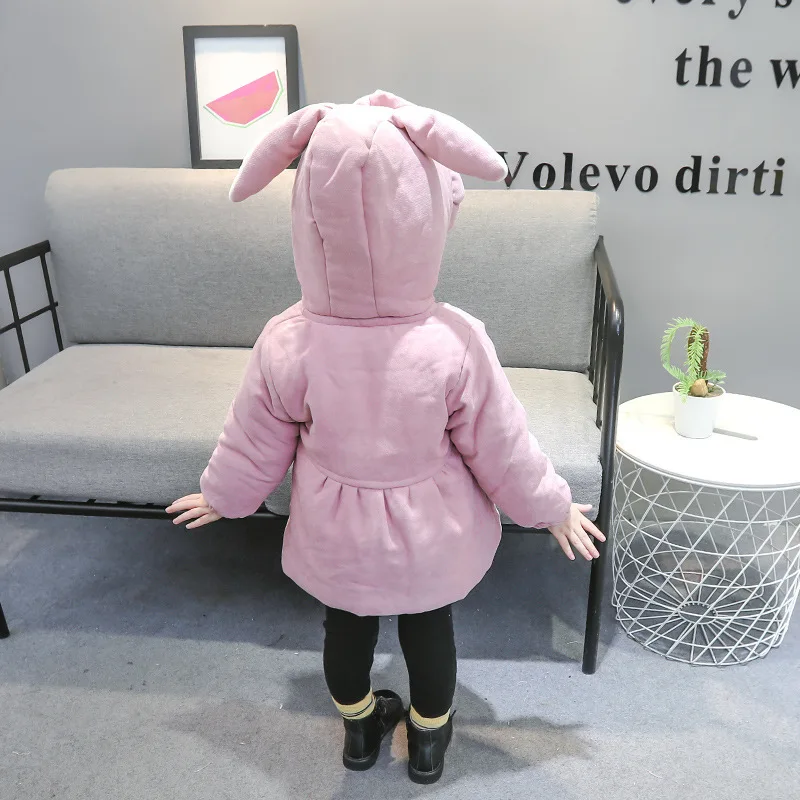 Winter New Baby Girls' Coat with Plush and Thick Hooded Cute Long Ears Windproof Children's Clothing Suitable for 0-3 Years Old