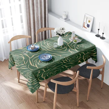 Tovaglia di lusso con stampa floreale, motivo a spirale verde e oro, per l'arredamento della sala da pranzo, set di biancheria da tavola di qualità premium con 4 sedie 1