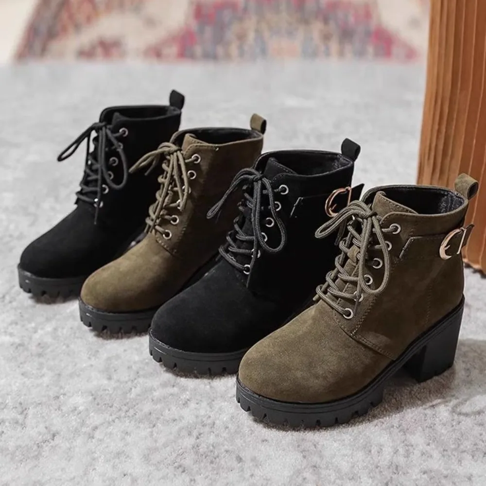 

Retro Buckle Ankle Boots for Women Spring Autumn Flock New Designer Shoes Female Fashion Solid Color Platform Botas Femininas