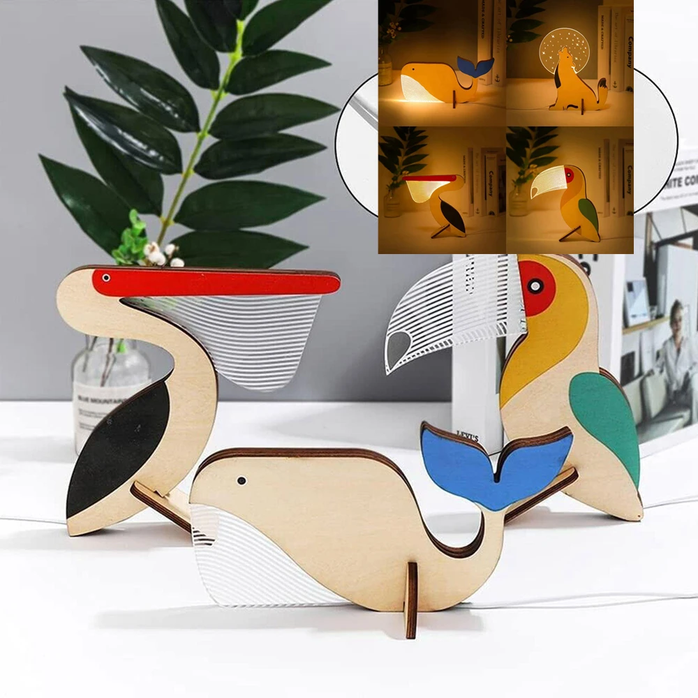 

Creative Bedroom Animal LED Night Light Luminous Ornaments Whale Pelican Wood Acrylic Sirius Bedside Lamp Table Toucan Decor