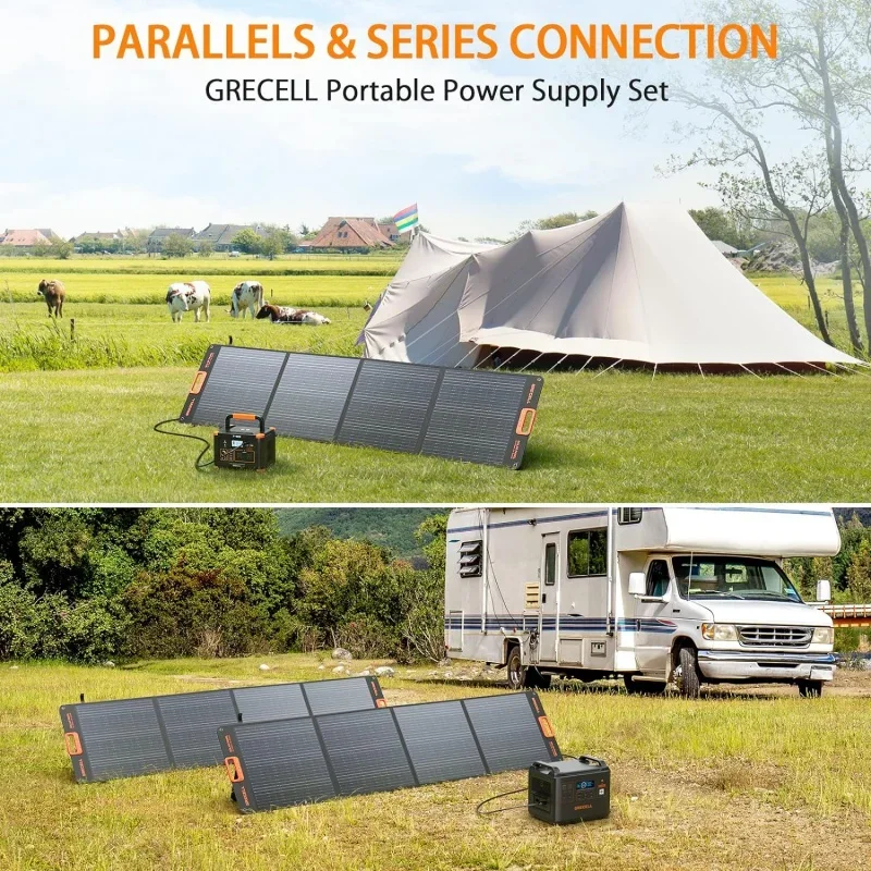 GRECELL 200W Portable Solar Panel for Power Station, Foldable Solar Charger w/ 4 Kickstands, IP65 Waterproof Panel Kit w/M