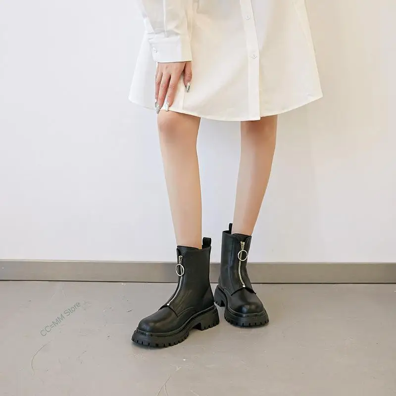 New Ankle Boots Split Leather Women Flat Platform Short Booties Fashion  Motorcycle Autumn Winter Boots