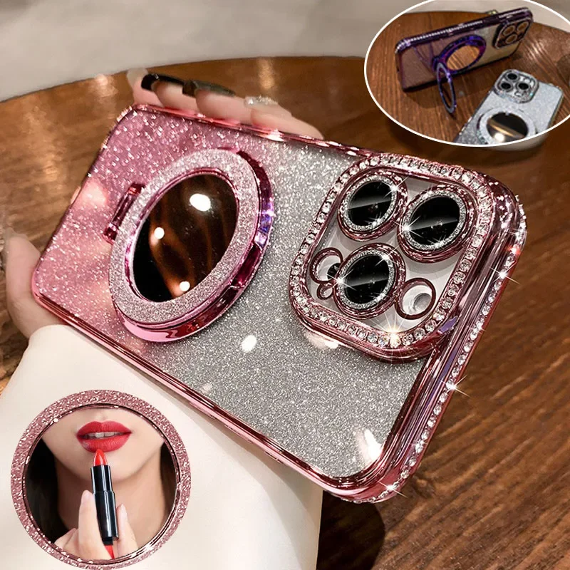Luxury Diamond Clear Glitter Phone Case with Mirror Magnetic Holder and Stand