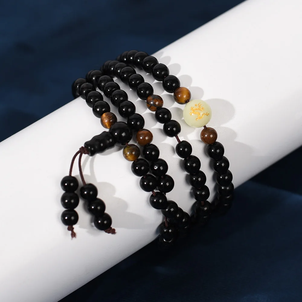 108 Prayer Beads Tiger Eye Stone Obsidian Bracelet Necklace Crystal Strand Mala Rosary Buddhist Buddha Lucky Amulet Jewelry 6