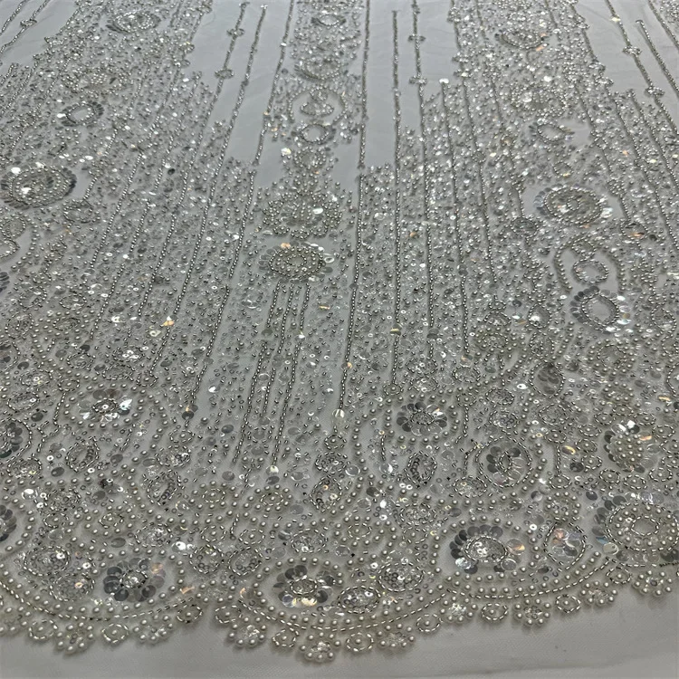 White Sequined Bead Embroidery Lace Fabric for Evening Wedding Dress