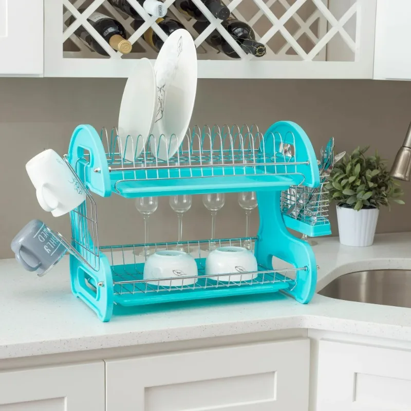 

2 Tier Plastic Dish Drainer Turquoise Kitchen Storage Racks Holders Kitchen Accessories Organizer Kitchen Dispenser Organiser