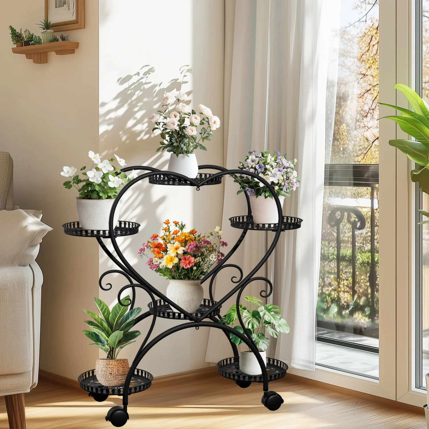 6 Potted Heart-shaped Rolling Metal Plant Stand on Wheels Garden Cart Flower Pots Organizer Rack for Patio, Balcony