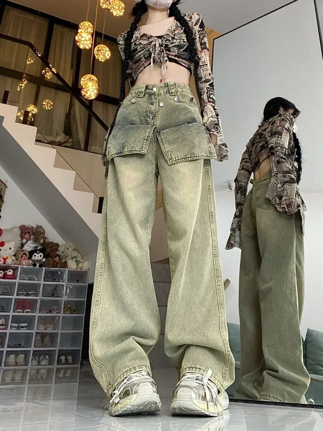 Washed Pocket Design High Waist Jeans for Women American High Street Retro Floor Mopping Pants Loose Straight Pants 2024