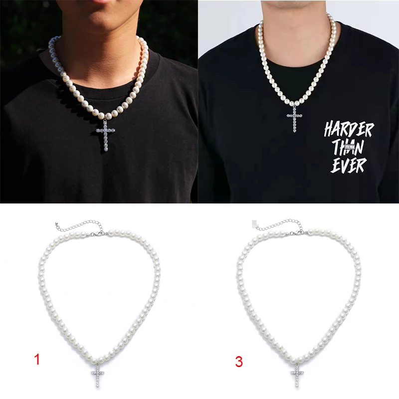 Vintage Pearl Necklace Crystal Cross Rhinestone Pendant Simply Pearl Beads Cross Chokers Necklaces Women Fashion Jewelry