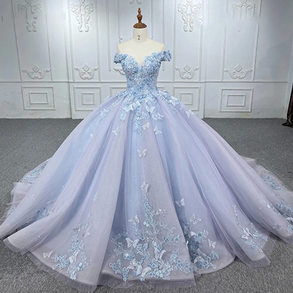 BOMARIS Blue Ball Gown Quinceanera Dresses Cinderella Vestidos De 15 Anos XV Vintage 3D Butterfly Lace Princess Party Customized quinceanera dresses