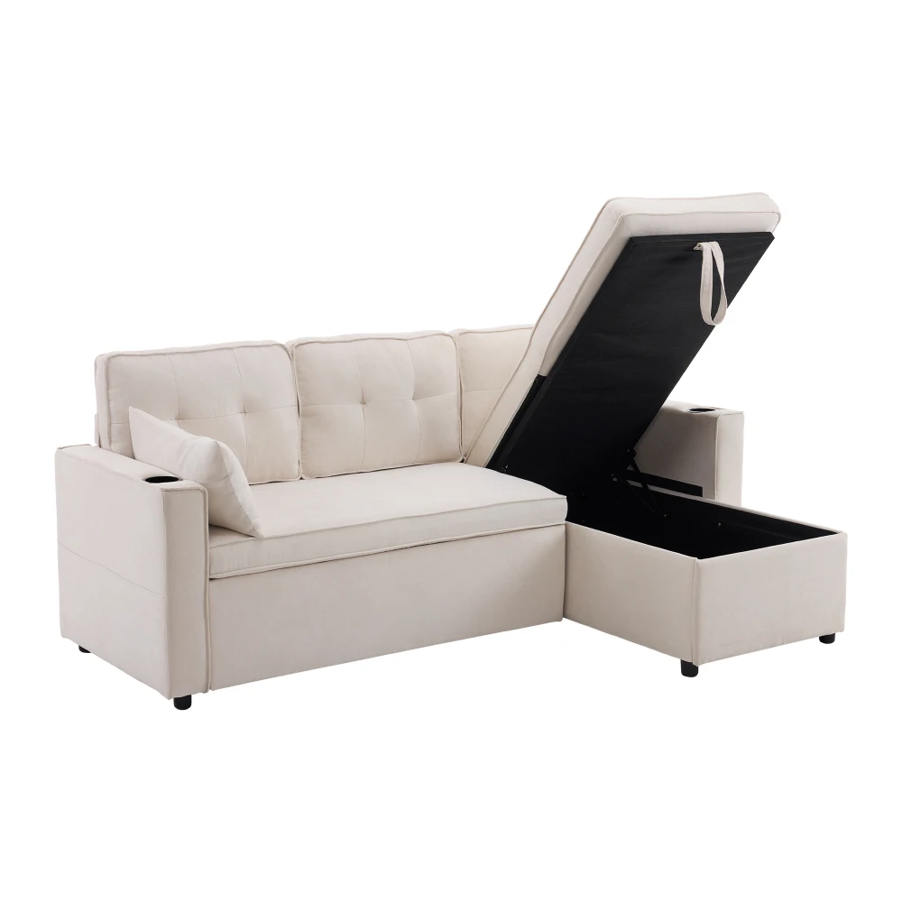 PINGGO L-förmiges Schlafsofa mit Schlaffunktion Modernes Design Gepolsterter Loungesessel mit Stauraum und Getränkehalter für Wohnzimmer – Detail 11