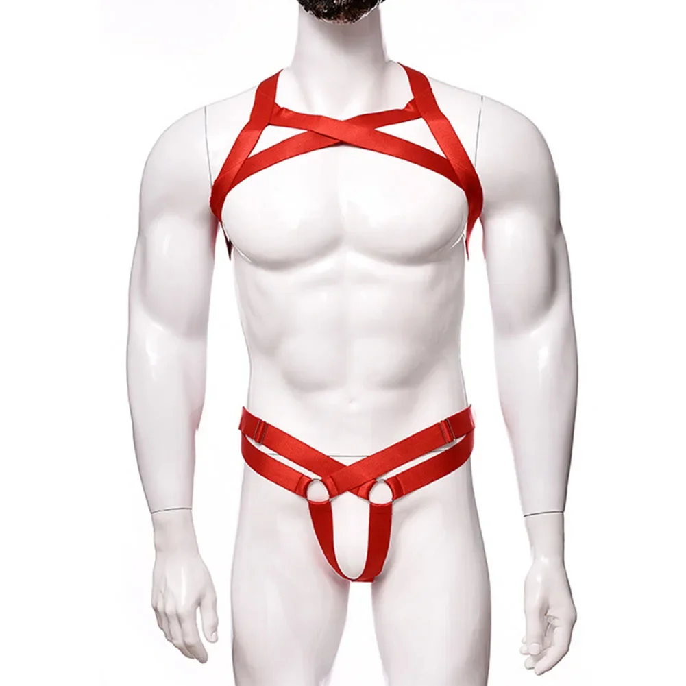 Mens Sexy Underwear Enlargement Chest Straps Dance Performances ThreePoint Suits Backless Breathable G-String Bodysuit