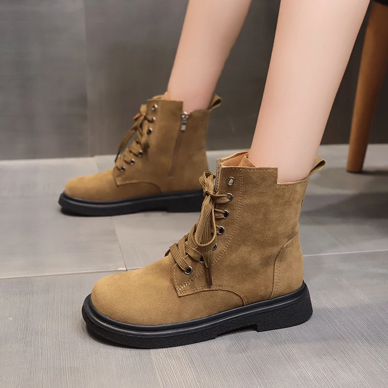 2023 Fashion Women's Shoes Basic Women's Boots Casual Ankle Boots Women Side Zip Cross-tied Round Toe Square Heel Shoes Female