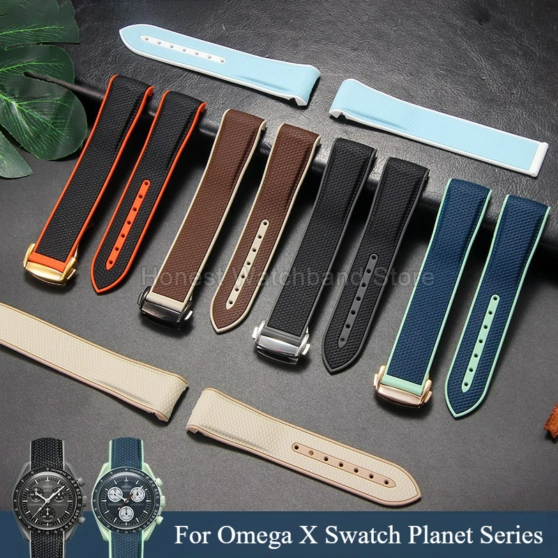 Atmungsaktives, schweißfestes, antimikrobielles, gebogenes Schnittstellen-Faltschließe-Silikon-Uhrenarmband 20 mm für Omega X Swatch Planet-Serie