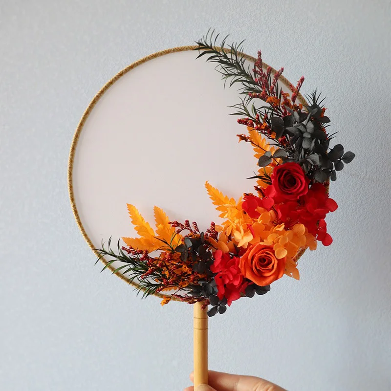 

DIY Chinese Style Bridal Round Fan Preserved Flower Decoration Chinese Clothing Cheongsam Dance Hand Fan