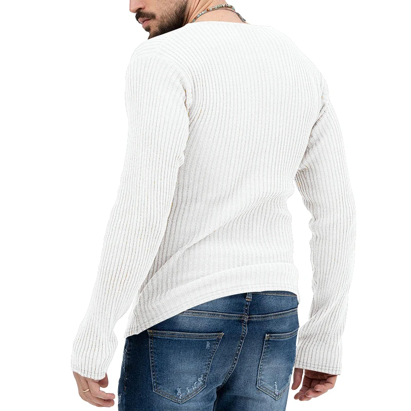 2023 Autumn/Winter New Men's Casual Deep V-Neck Slim Fit Long Sleeve Solid Knit Underlay Shirt for Men 2