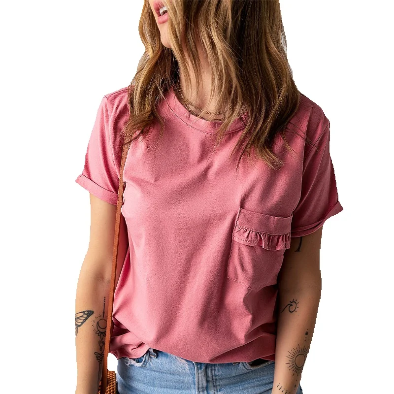 

Ruffled Pocket Round Neck Short Sleeve T-Shirt Top 25118331