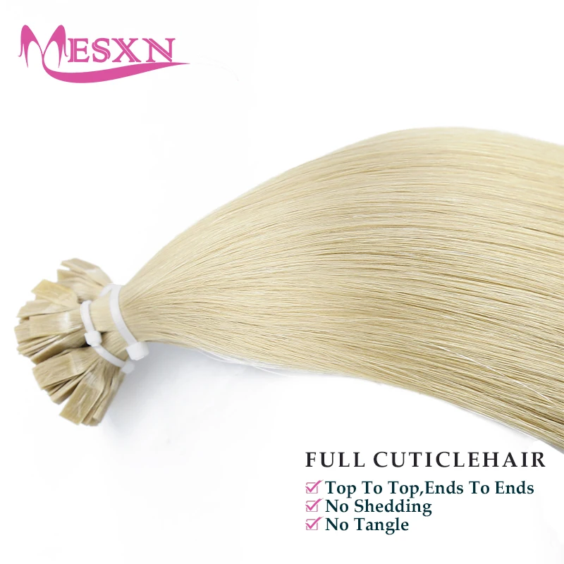 MESXN 버진 플랫 팁 헤어 익스텐션 100%, 실제 인모 퓨전 헤어 익스텐션, 다크 브라운 금발 색상, 스트랜드당 1g, 14-22 인치