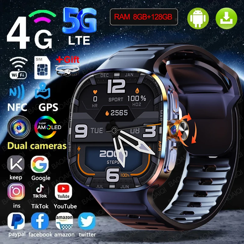 5G/4G Full Network Smart Watch 2.40 inch 720*720 Big Screen HD Video Call 8GB+128GB RAM Smartwatch Google Play WIFI GPS Sim Card