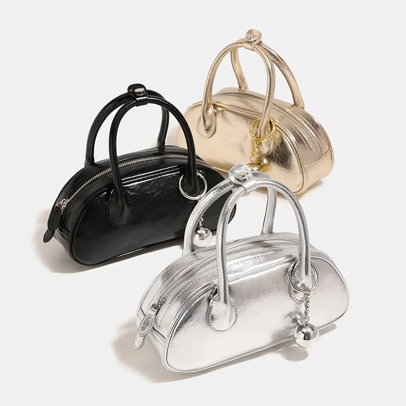 Gold Silver Stylish Exquisite Bowling Bag 2025 New Original Design Crossbody Bag Simple Premium Feeling Tote Shoulder Boston