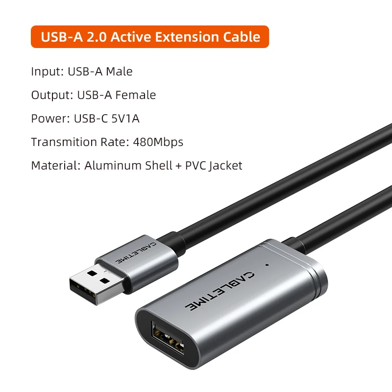 High-Speed USB 2.0 Active Extension Cable with External Power Supply