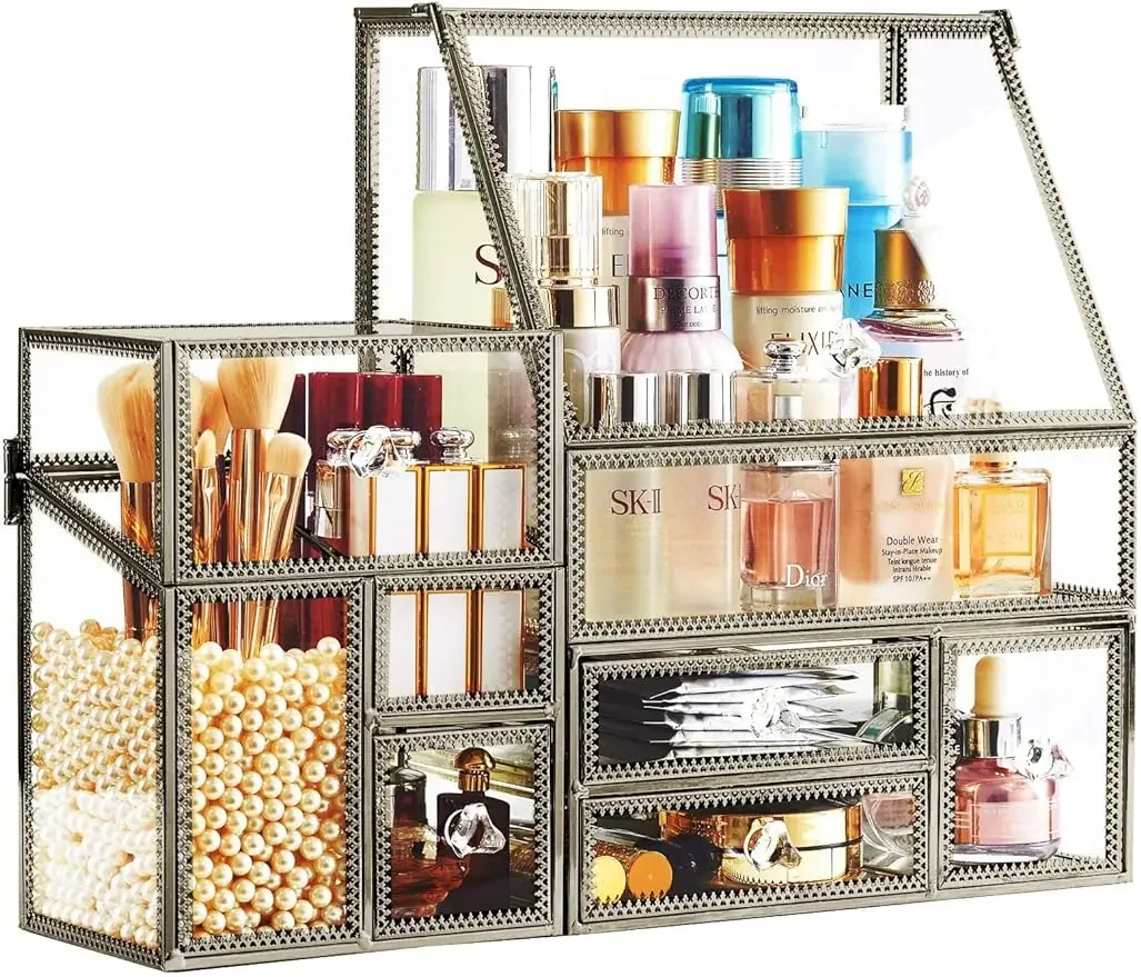 

Stackable 3Pieces Drawer Set Glass Makeup Organizer Antique Countertop Vanity Cosmetic Storage Box Mirror Glass Beauty Display