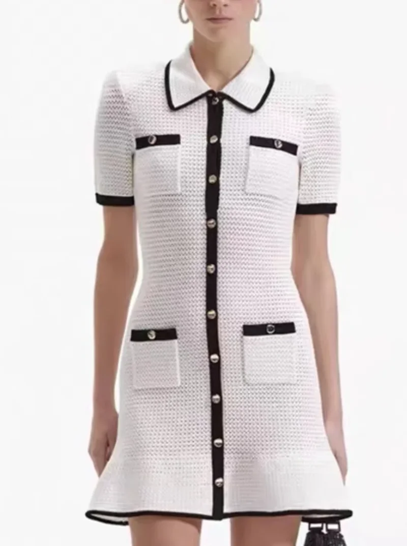 

Женское трикотажное мини-платье, однобортное повседневное контрастное платье с отложным воротником и коротким рукавом, летнее платье 2024