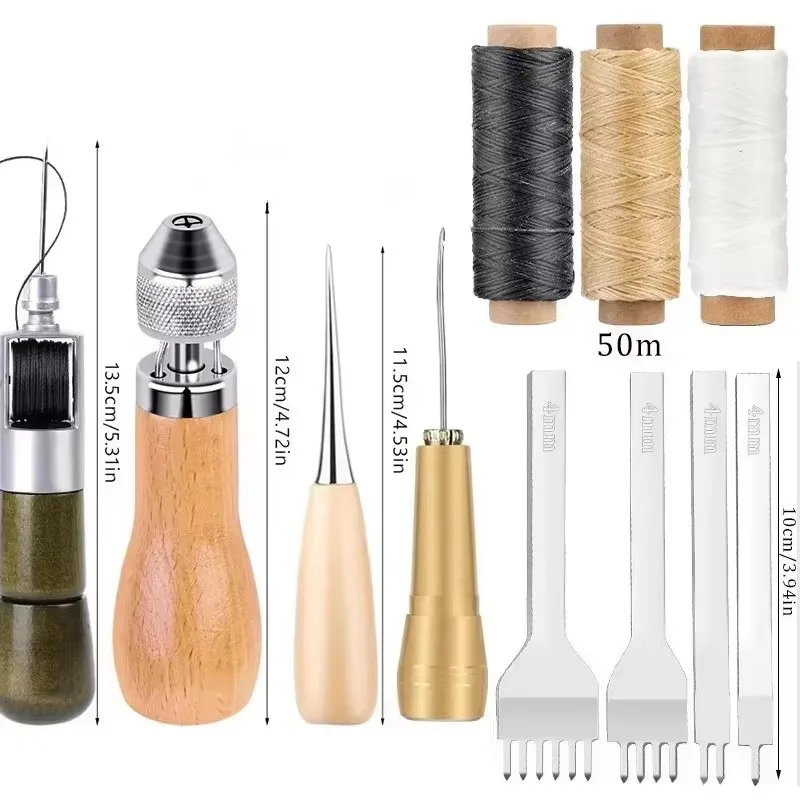 IMZAY Leather Sewing Tool Kit Leather Hand Stitcher Waxed Thread Copper Handle Awl Punching Tool Big Eye Sewing Needles leather sewing kit leather tools leather craft tool kit leather craft tools leather craft tool