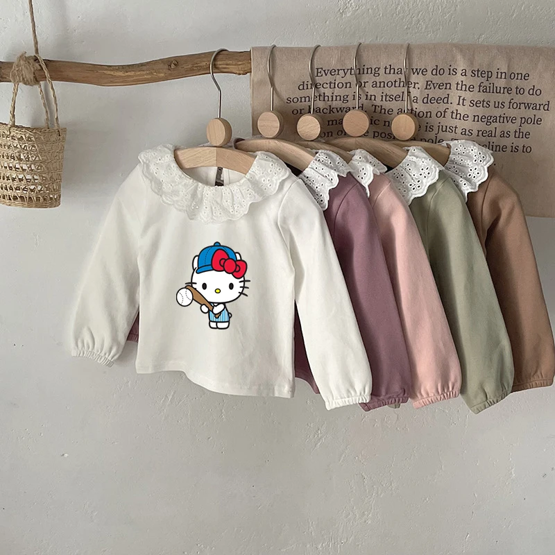 

Sanrio Kawaii Anime Hello Kitty Embroidered Lapel Long Sleeve T-Shirt Top Cute Autumn Winter Girl Baby Base Shirt Y2K Toys Kids