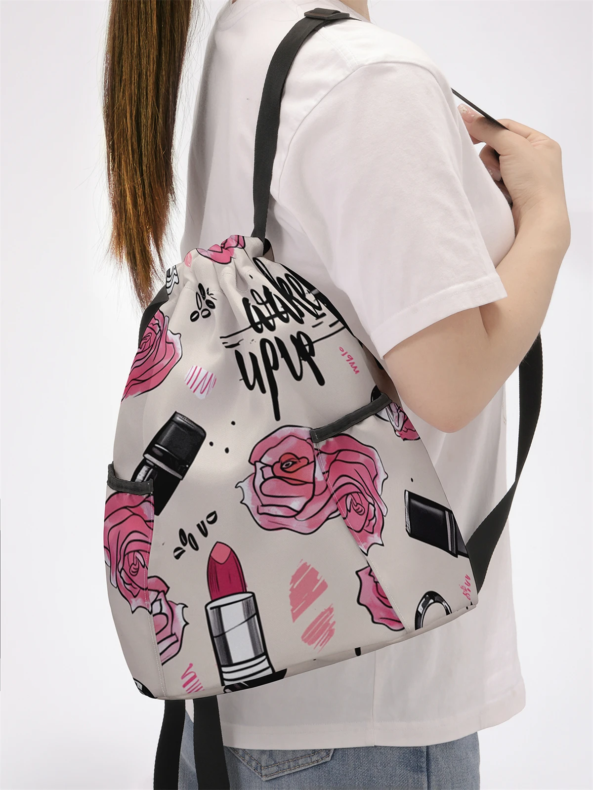 Rose Pattern Drawstring Backpack - Large Capacity Durable Fitness Bag, Adjustable Shoulder Strap, Sports Beach Backpack