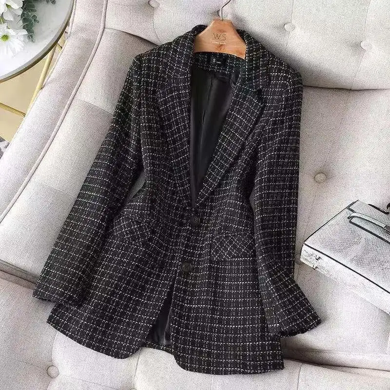 Primavera e Outono Terno Xadrez Feminino Tamanho Grande 2022 Nova Versão Coreana Moda Preto Pequena Fragrância Jaqueta Casual Solta 6 Computers & Electronics