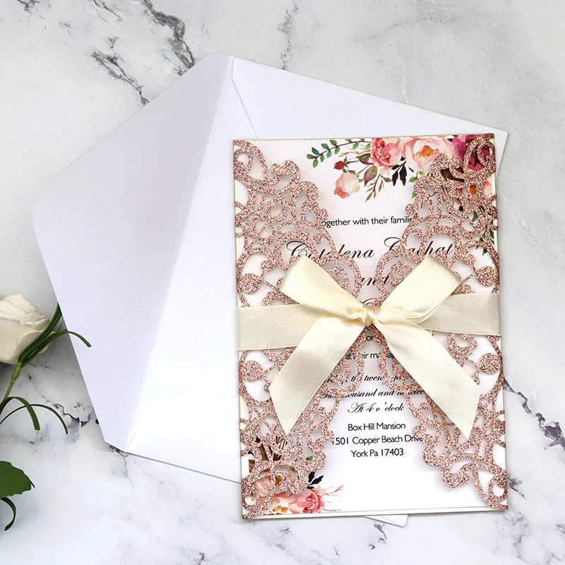 10PCS Laser Cut Blue Glitter Wedding Invitations with Ribbon – Elegant Gold Glitter Gre... - SKU LCIC0857 - UGI Packaging