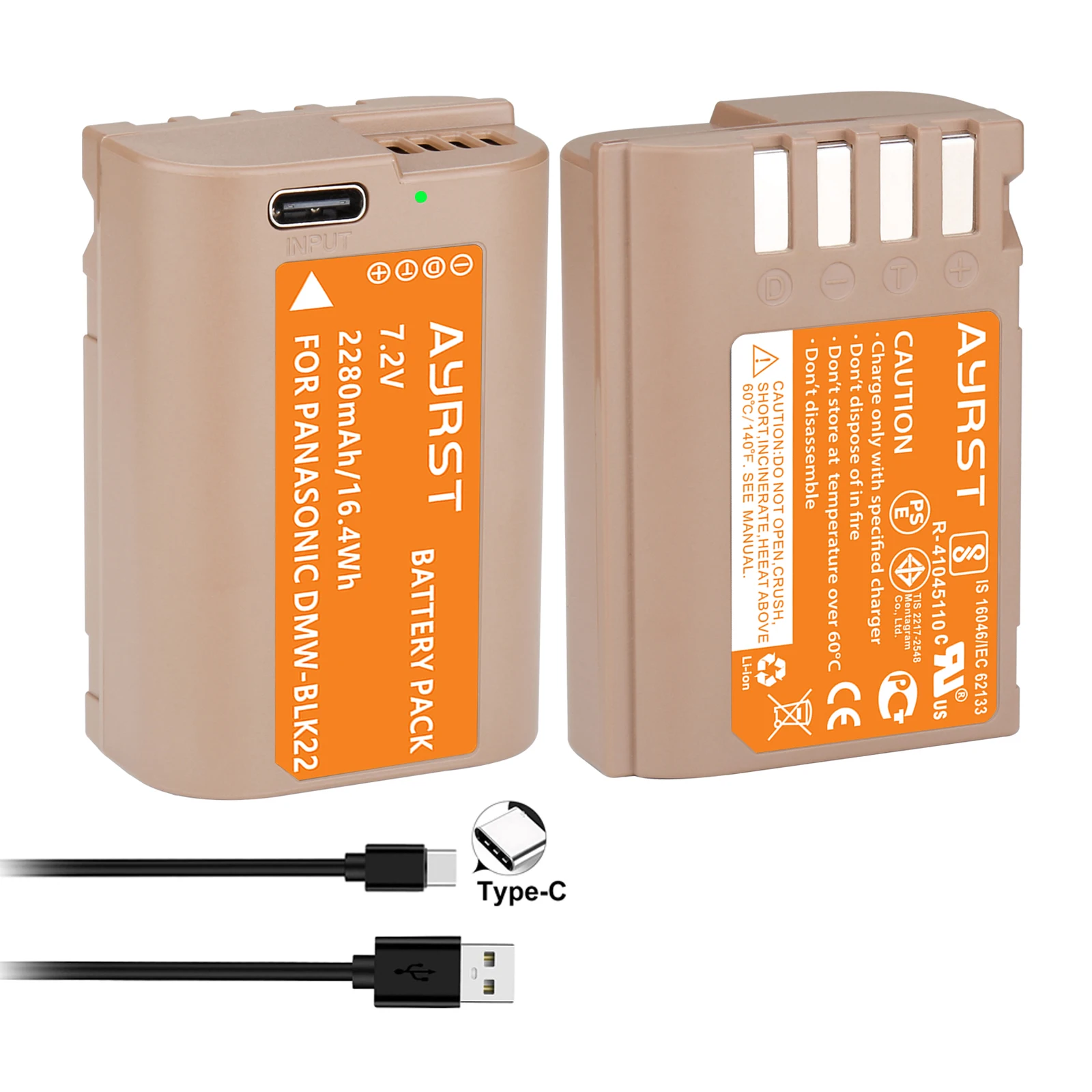 Batteria Agli Ioni Di Litio 2280Mah Dmw-Blk22 Dmw Blk22 Con Porta Di Ricarica Usb-C Per Panasonic Lumix Dc-S5 Dc-S5 Ii Dc-S5 Iix Gh5 Ii Gh6
