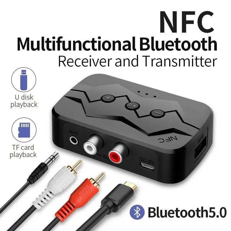 

NFC Bluetooth 5.0 Audio Adapter 2 IN 1 Wireless Transmitter Receiver 3.5MM AUX RCA USB TF U-Disk With MIC For Car TV PC