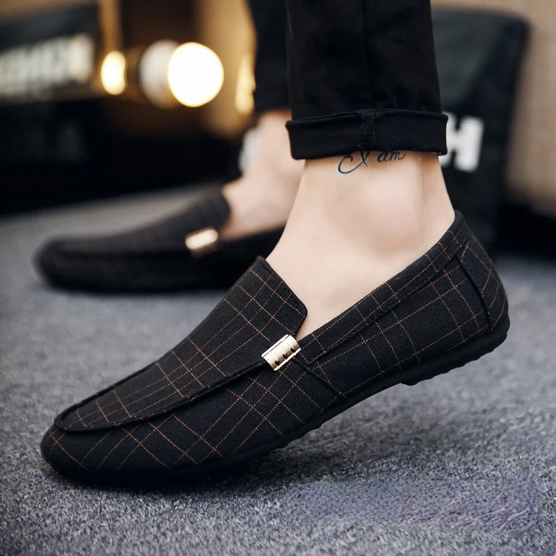 

Men Shoes Fashion Loafers Breathable Canvas Sneakers Men Slip-On Casual Shoes Soft Comfortable Non-slip Driving Flats Black Gray