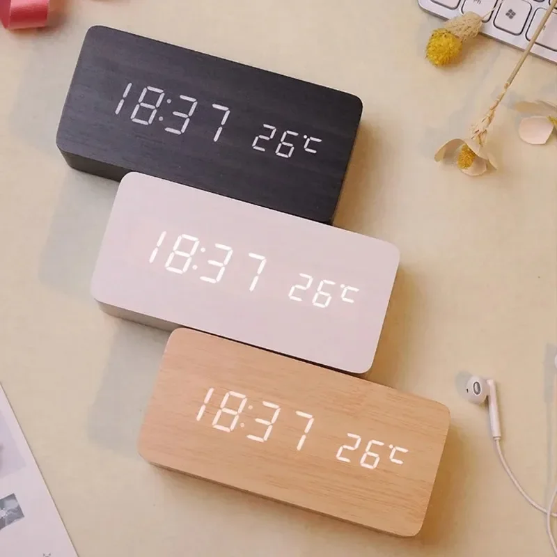 Digital LED Wooden Alarm Clock With Temperature Voice Control Snooze Electronic Desk Clock USB AAA Power Supply Decorations Home 2