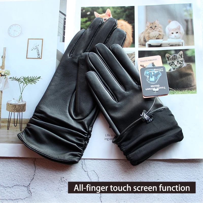 Guanti In Pelle Donna Touch Screen - Morbida Pelle D'agnello Nera - Caldi E Leggeri Con Bottoni Decorativi