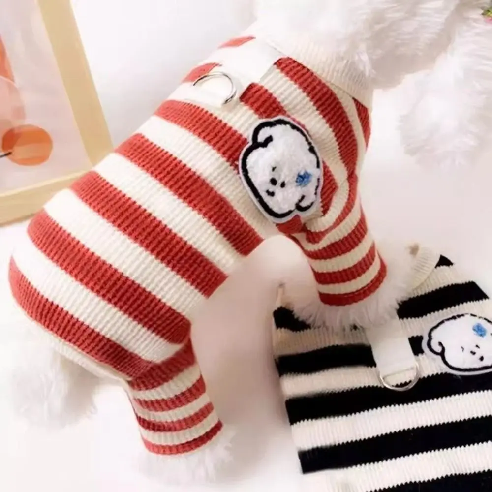 귀여운 부드러운 면 줄무늬 강아지 점프슈트 통기성 네 다리 강아지 옷 털빠짐 방지 고양이 의상 애완동물 용품
