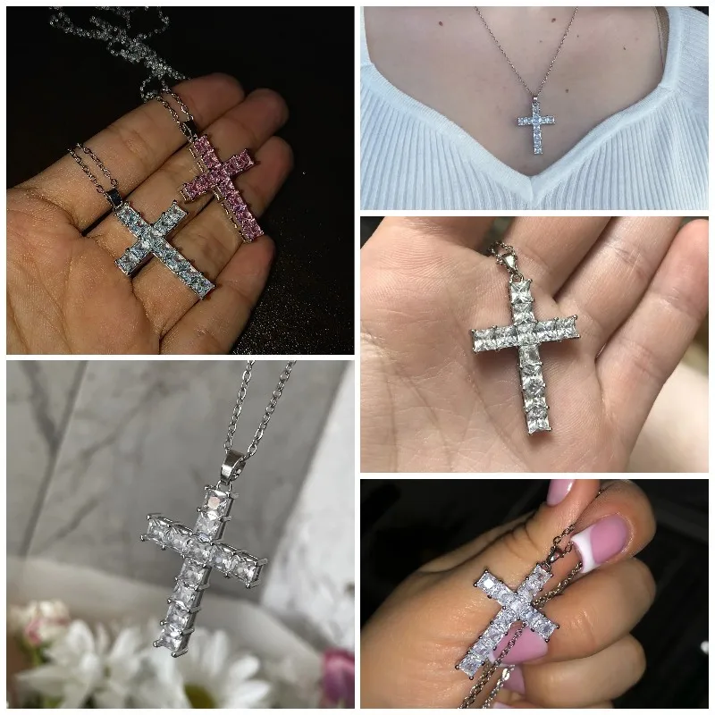 Huitan Hot Sale Female Cross Necklace Inlaid White/Pink