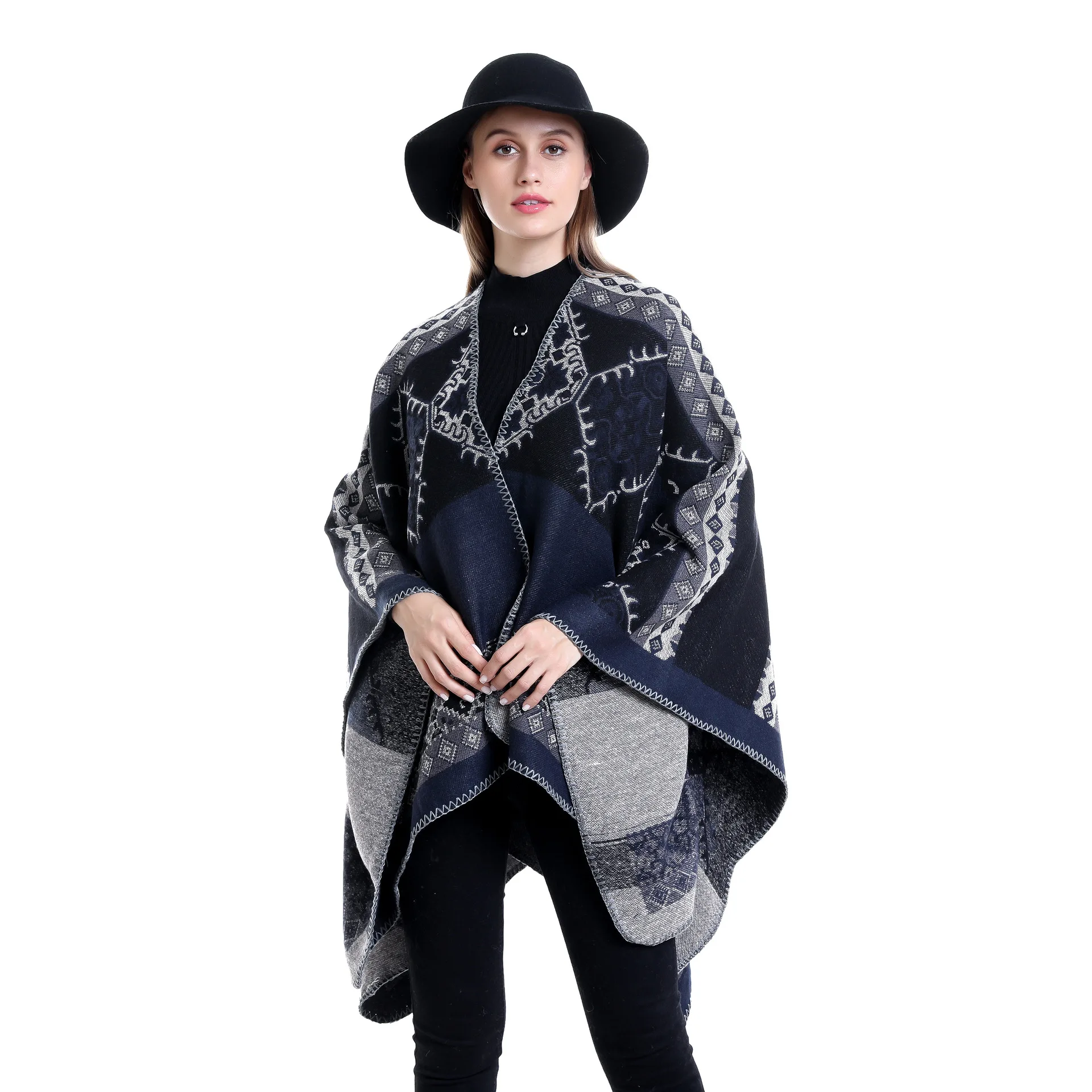

European Style Geometric Splicing Pattern Imitation Cashmere Fashion Warm Shawl