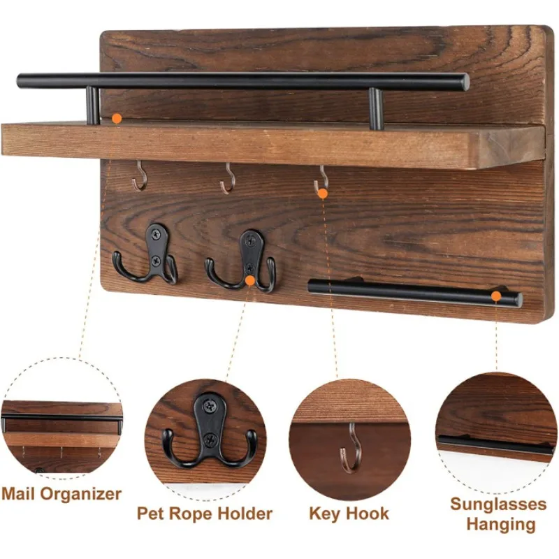 Wooden Wall  with Shelf Home Key Decor for Entryway Hallway Key Holder with 5 Hooks Mail Organizer 4