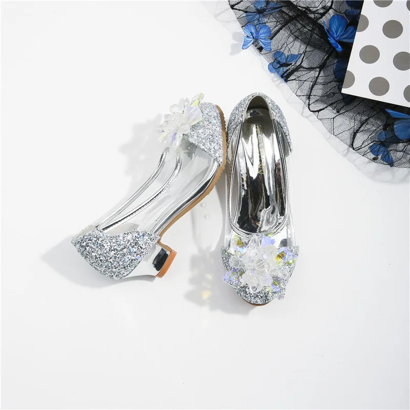 Fantasia Princess Shoes for Girls leather Sandal Summer Children's Shiny Snow Queen Fairy Party High Heels Leather Crystal Shoes 5