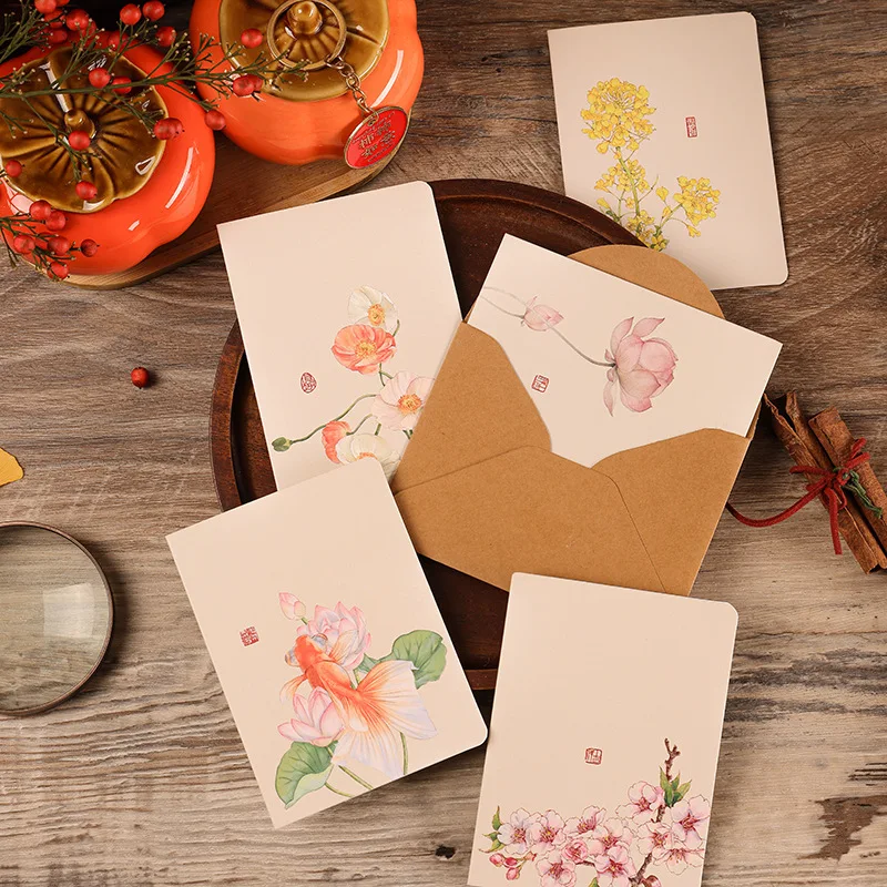 Floral Chinese Vintage Style Greeting Invitation Cards 10pcs/set 8.5x11.5cm Wedding Gift Card with Kraft Envelope