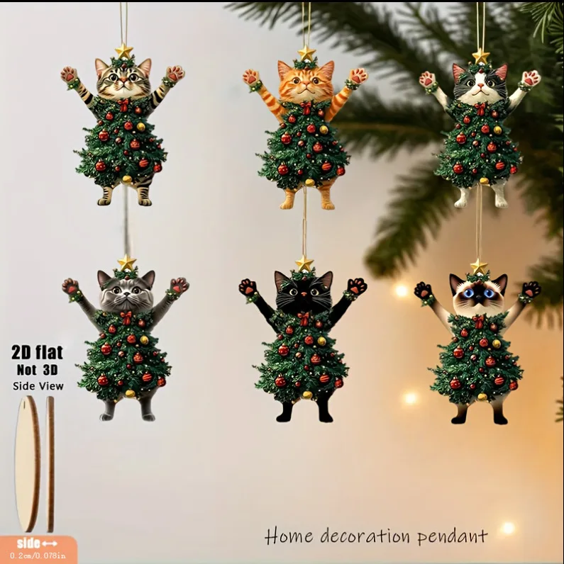 6PCS 2D Flat Wooden Christmas Cat Ornaments Cute Christmas Tree Cat Pendant Festival Supplies 2026 New Year Xmas Decor Gift